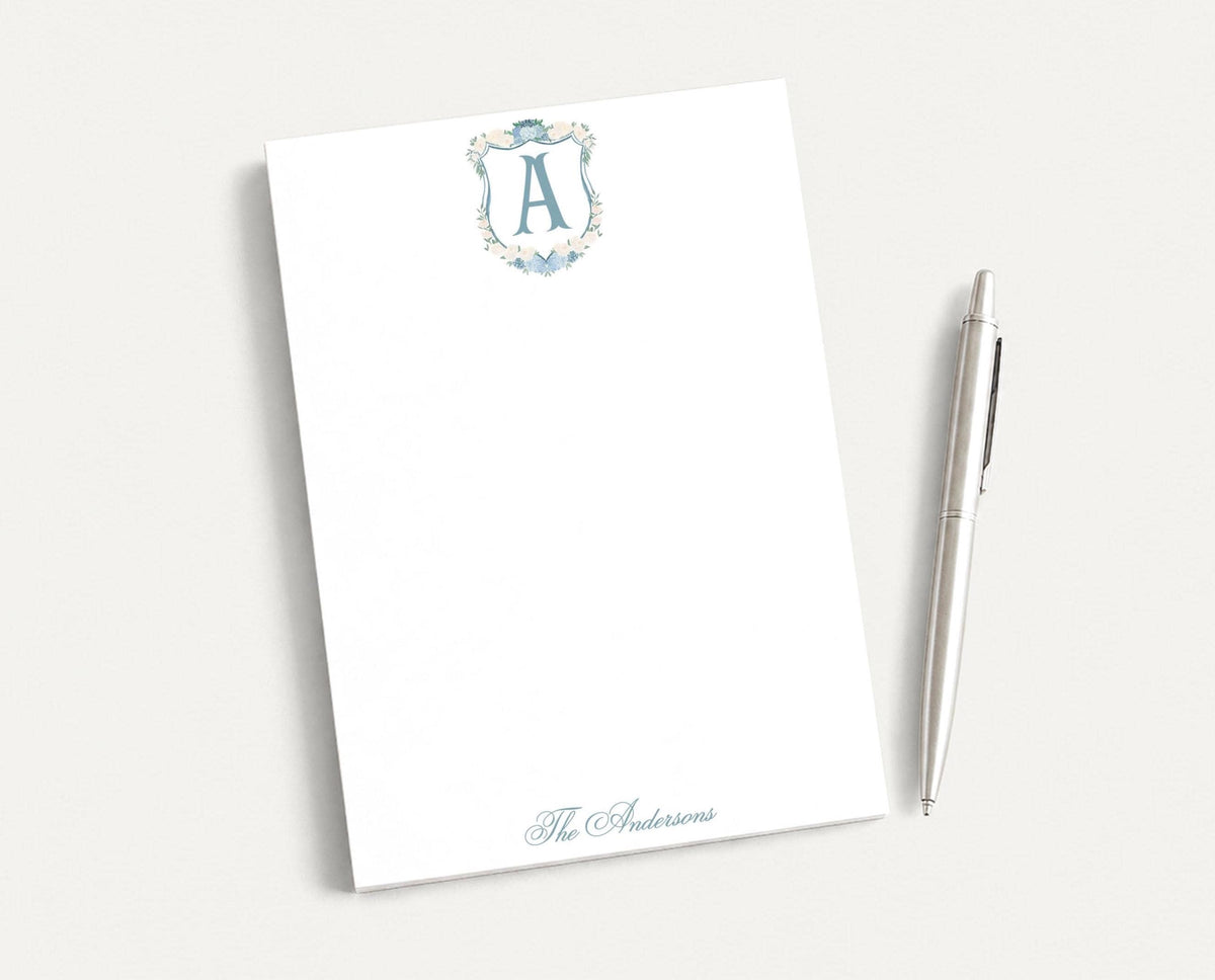 Personalized 5.5X5.5 or 5X7 Watercolor Hydrangea Crest Notepad, Floral Women Initial Note __etsy:8268816868