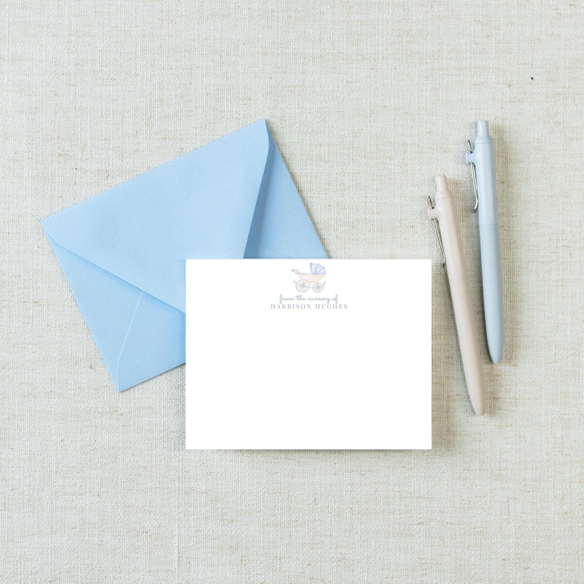 Personalized A2 Size Watercolor Baby Carriage Stationery, Blue Newborn Boy Nursery Flat Notecard Set __etsy:8272486067