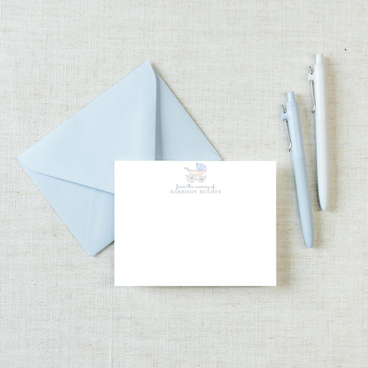 Personalized A2 Size Watercolor Baby Carriage Stationery, Blue Newborn Boy Nursery Flat Notecard Set __etsy:8272486545