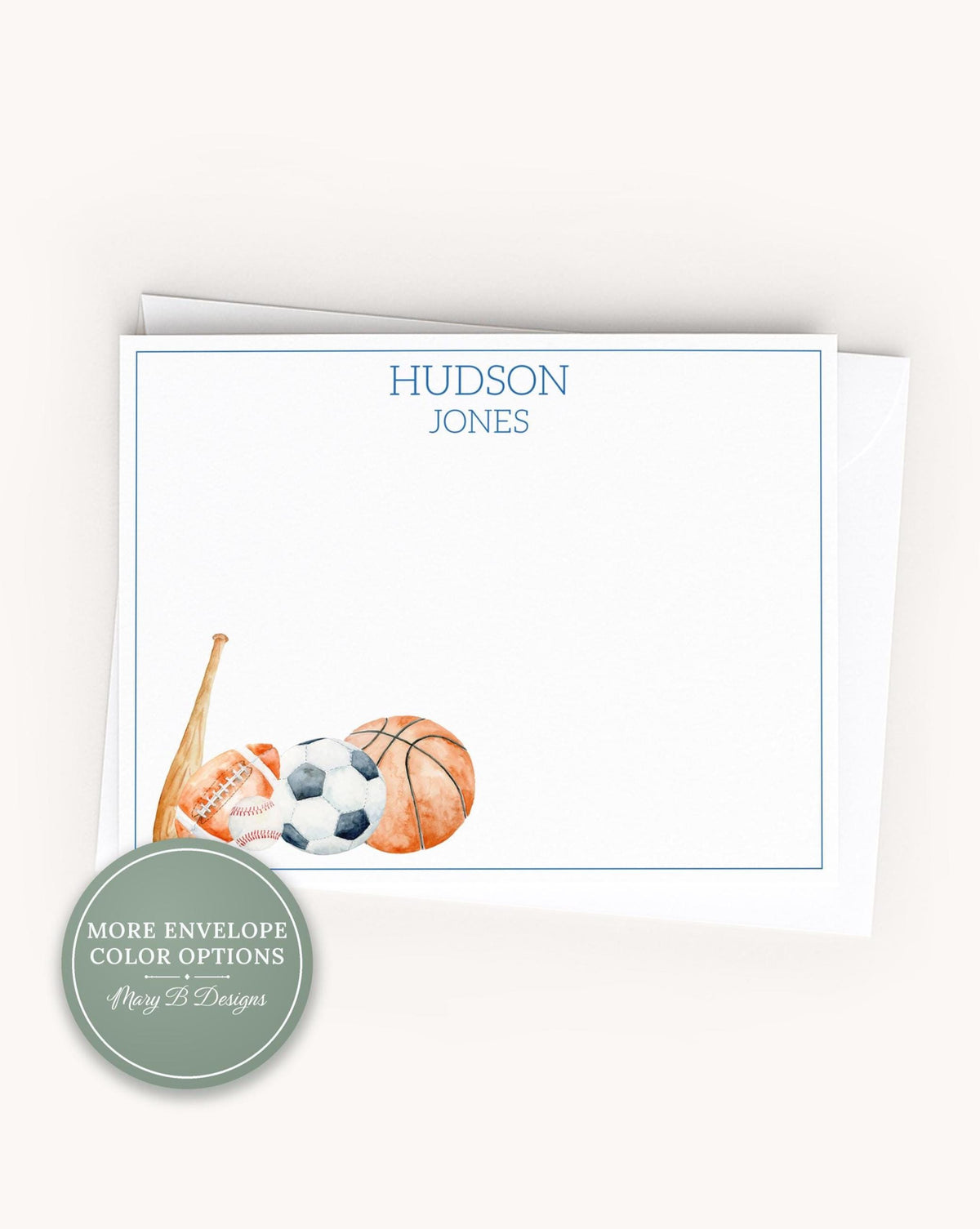 Personalized A2 Size Watercolor Sports Stationery, Boy Baseball Football Basketball Flat Notecard Set __etsy:8272875979