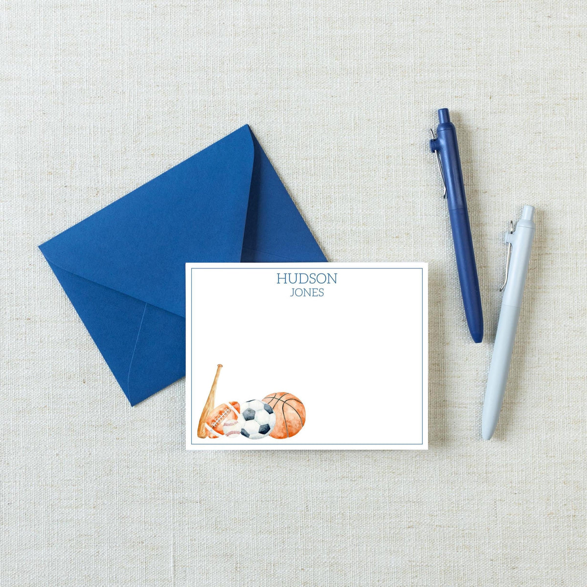 Personalized A2 Size Watercolor Sports Stationery, Boy Baseball Football Basketball Flat Notecard Set __etsy:8272884095