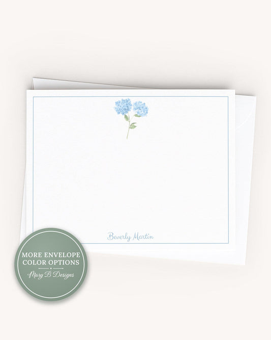 Personalized A2 Size Watercolor Blue Hydrangea Stationery, Girl Women Floral Flat Notecard Set __etsy:8316646741