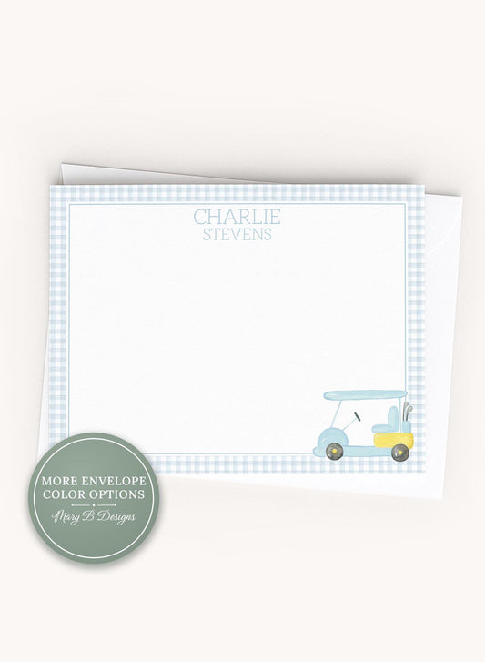 Personalized A2 Size Watercolor Blue Golf Cart Stationery, Boy Gingham Sports Flat Notecard Set __etsy:8538012488