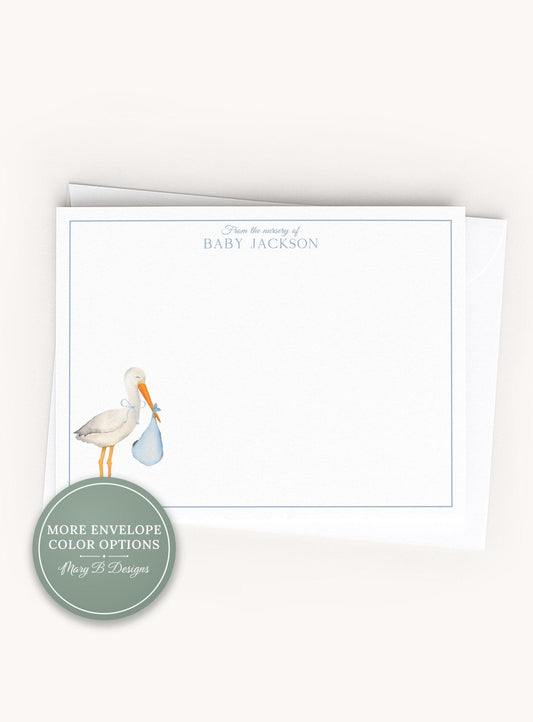 Personalized A2 Size Watercolor Blue Baby Stork Stationery, Newborn Boy Flat Notecard Set __etsy:8538015496