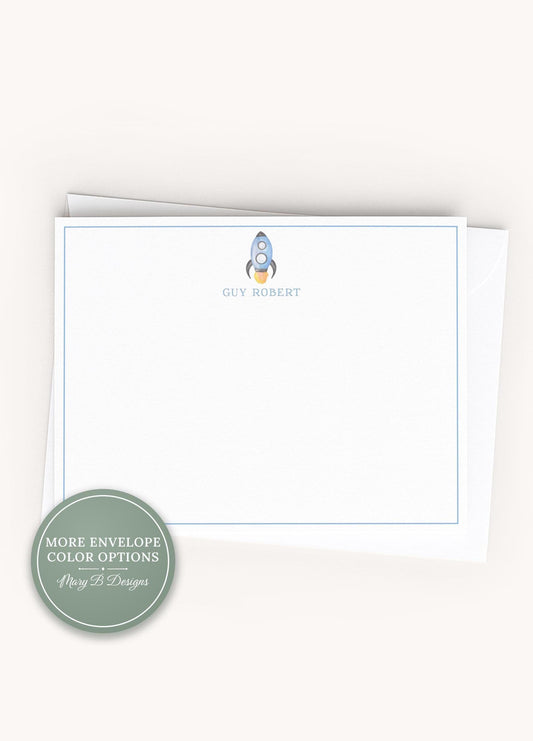 Personalized A2 Size Watercolor Rocket Stationery, Boy Blue Space Flat Notecard Set __etsy:8538204126