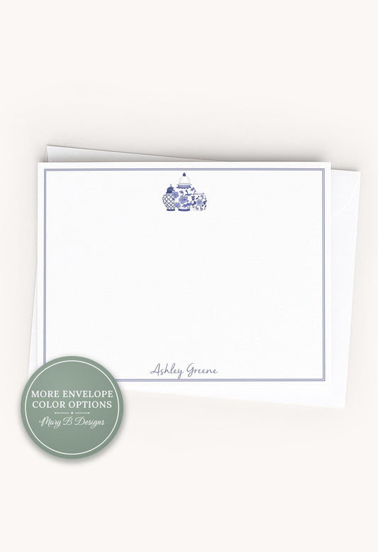 Personalized A2 Size Watercolor Chinoiserie Blue Ginger Jar Stationery, Women Girl Floral Flat Notecard Set __etsy:8538217030