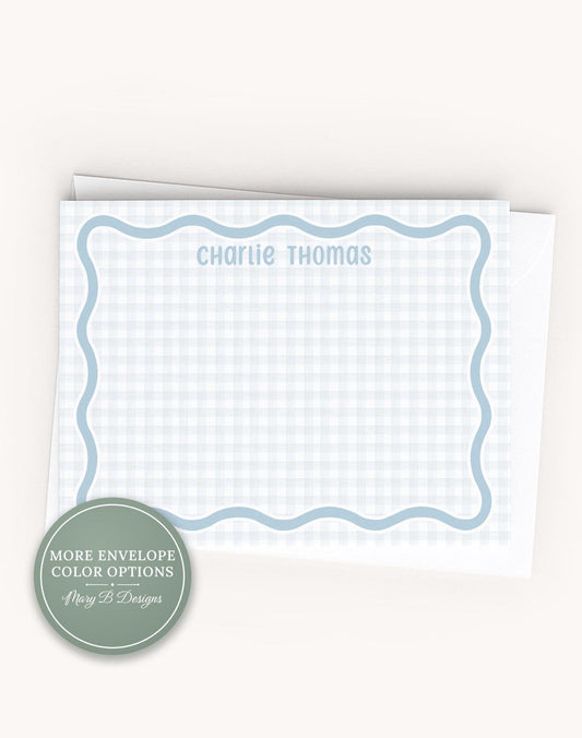 Personalized A2 Size Gingham Wavy Border Stationery, Blue Baby Boy Flat Notecard Set __etsy:8538788532