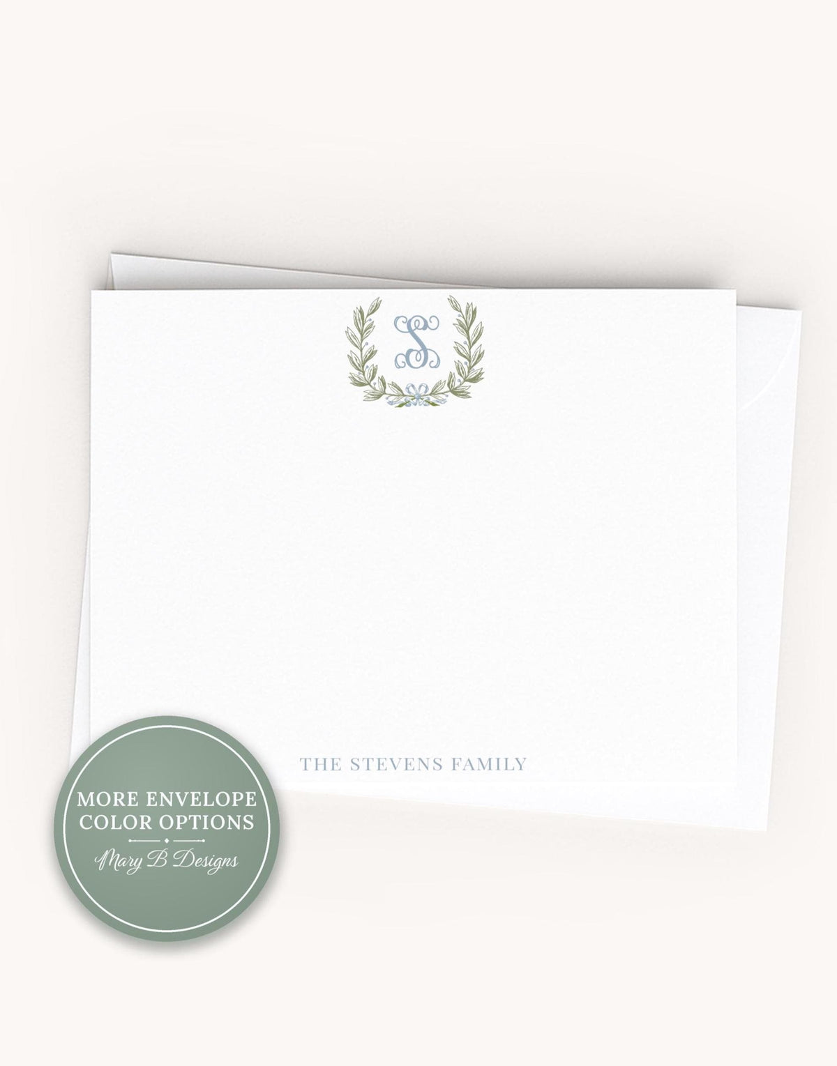 Personalized A2 Size Blue Monogram Laurel Wreath Stationery, Family Women Girl Flat Notecard Set __etsy:8538804422