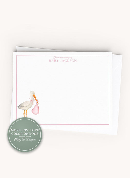 Personalized A2 Size Watercolor Pink Bow Stork Stationery, Baby Newborn Girl Flat Notecard Set __etsy:8539811190