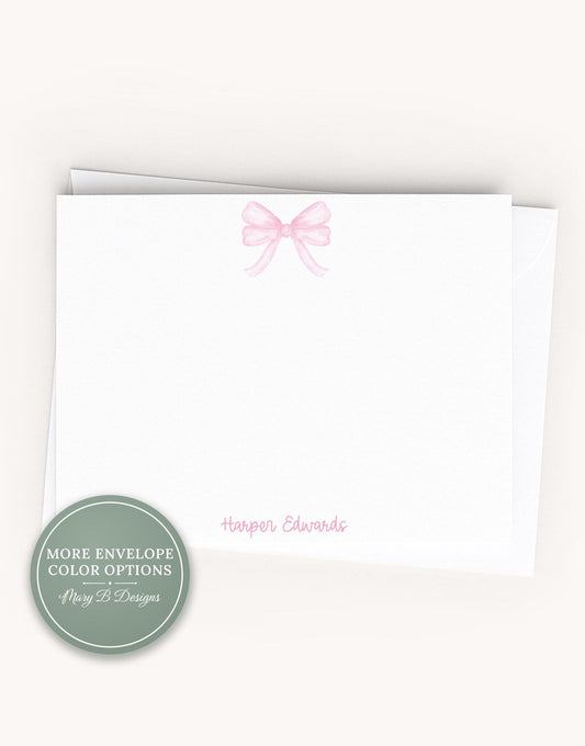 Personalized A2 Size Watercolor Girly Pink Bow Flat Notecard Set, Baby Girl Custom Stationery __etsy:8539817756