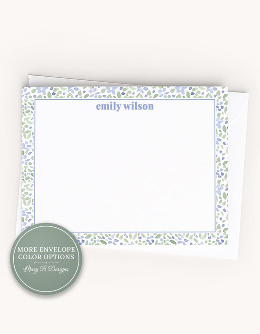 Personalized A2 Size Watercolor Floral Greenery Stationery, Blue Flower Girl Women Flat Notecard Set __etsy:8539829834