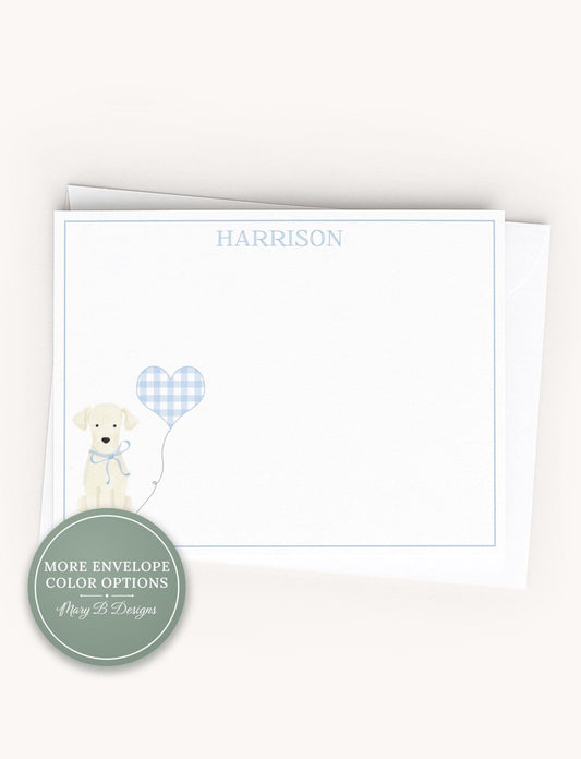 Personalized A2 Size Watercolor Dog Balloon Stationery, Boy Gingham Labrador Puppy Flat Notecard Set __etsy:8539831724