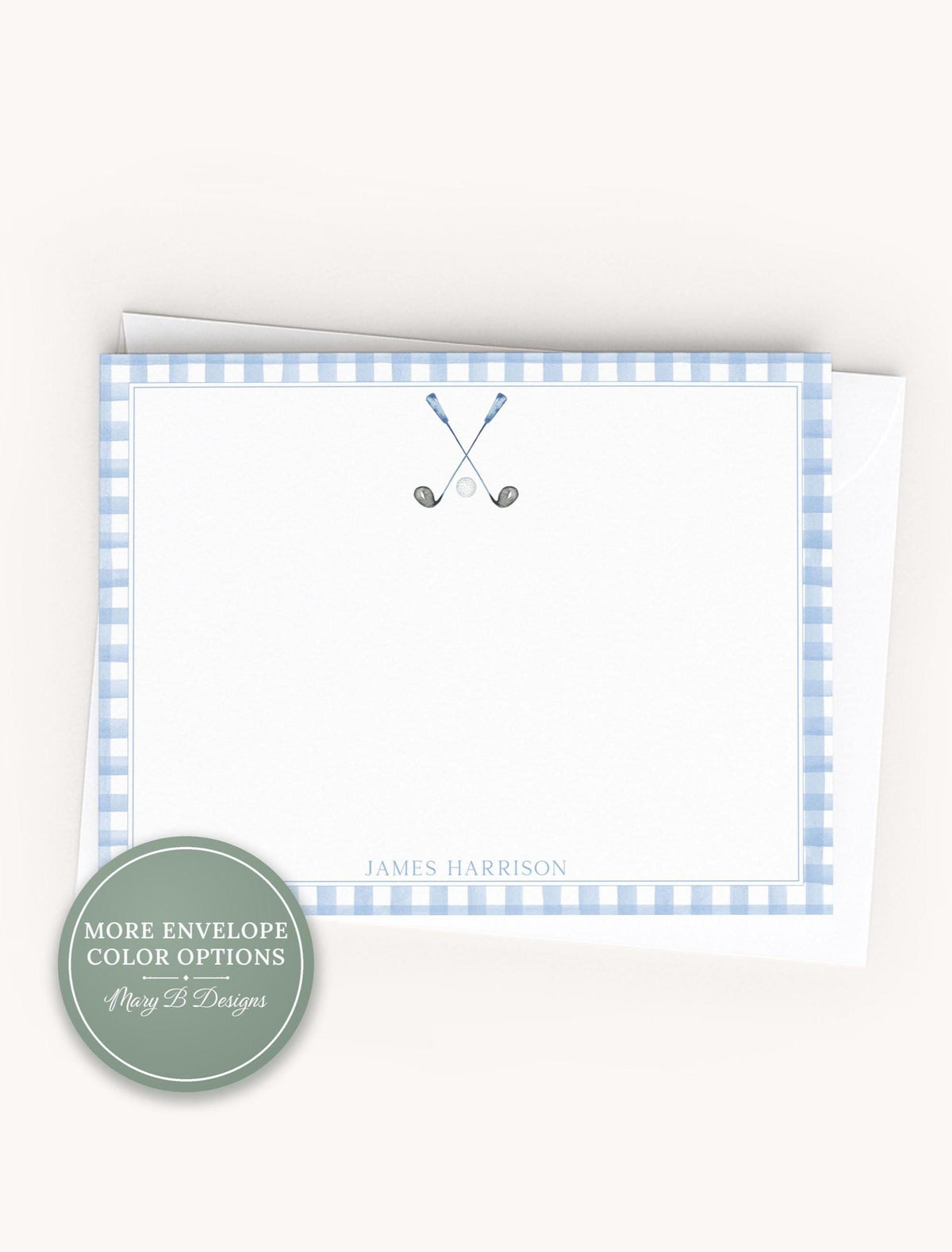 Personalized A2 Size Watercolor Blue Gingham Golf Stationery, Boy Sports Flat Notecard Set __etsy:8539843028