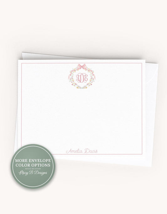 Personalized A2 Size Monogram Bow Crest Flat Notecard Set, Pink Floral Women Girl Initial Stationery __etsy:8539857788