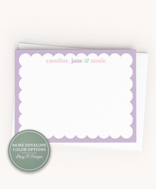 Personalized A2 Size Colorful Girl Sibling Scalloped Stationery, Scallop Border Flat Notecard Set __etsy:8556452320