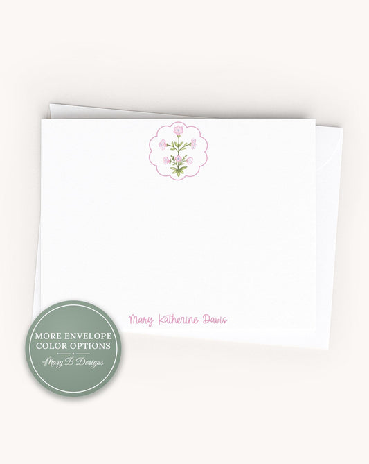 Personalized A2 Size Watercolor Scallop Flowers Stationery, Women Girl Floral Flat Notecard Set __etsy:8557463276