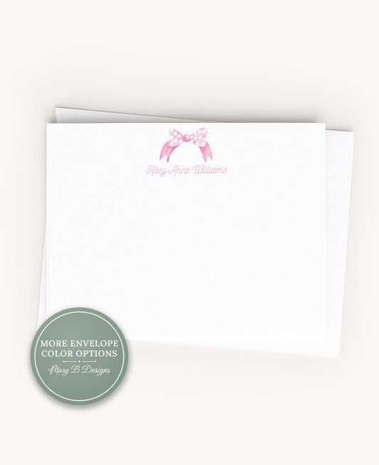 Personalized A2 Size Watercolor Pink Bow Polka Dot Flat Notecard Set, Custom Girl Stationery __etsy:8557474836