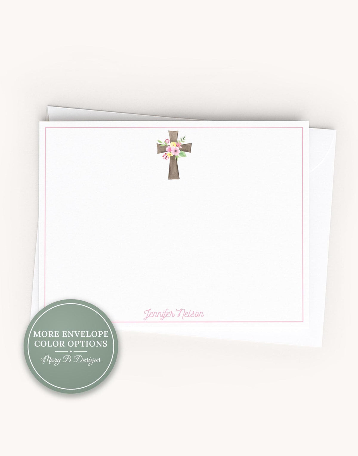 Personalized A2 Size Watercolor Floral Cross Stationery, Pink Flowers Girl Women Flat Notecard Set __etsy:8557493684