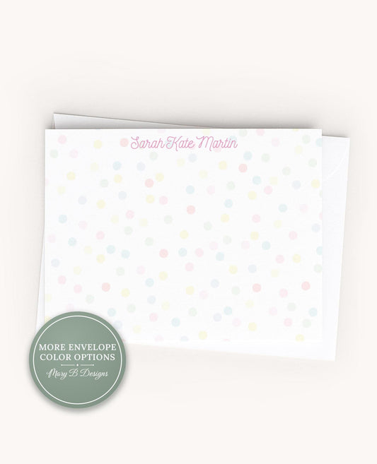 Personalized A2 Size Polka Dot Flat Notecard Set, Girl Kid Colorful Confetti Stationery __etsy:8557515524