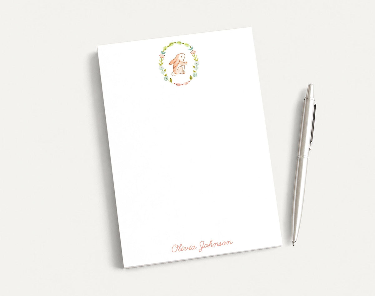 Personalized 5.5X5.5 or 5X7 Bunny Wreath Notepad, Girl Pink Floral Notes __etsy:8557750702