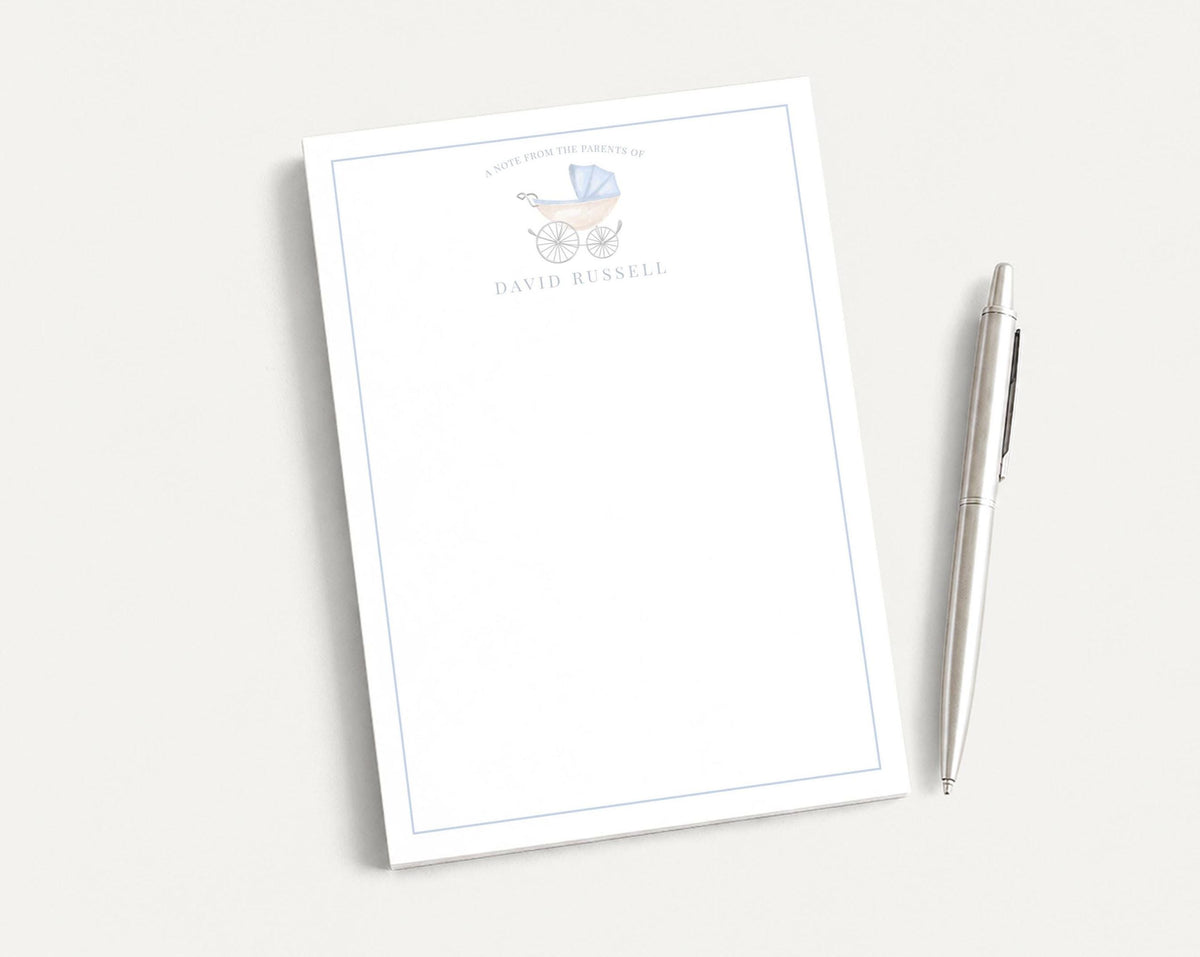 Personalized 5.5X5.5 or 5X7 Blue Baby Carriage Notepad, Newborn Boy Notes __etsy:8557757734