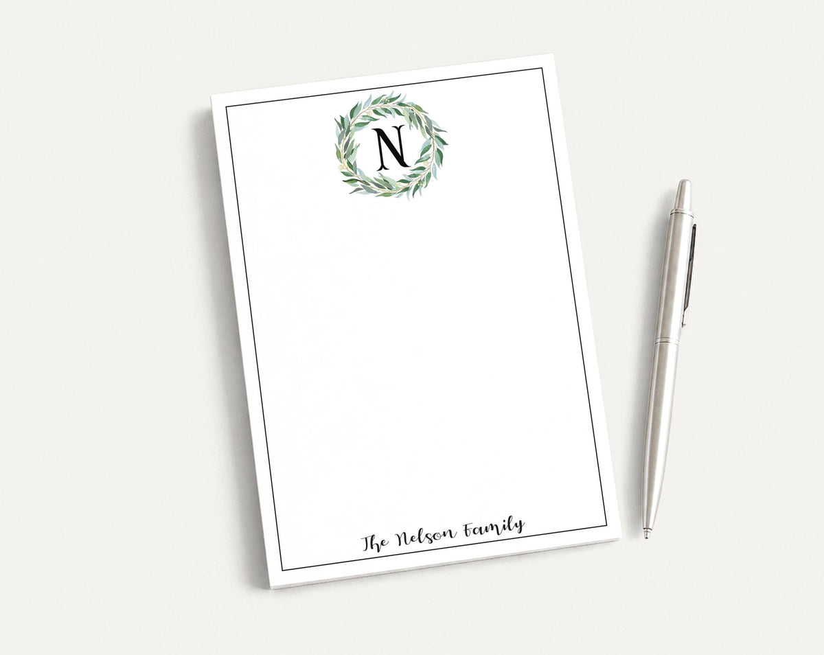 Personalized 5.5X5.5 or 5X7 Initial Greenery Wreath Notepad, Floral Monogram Family Notes __etsy:8557962390