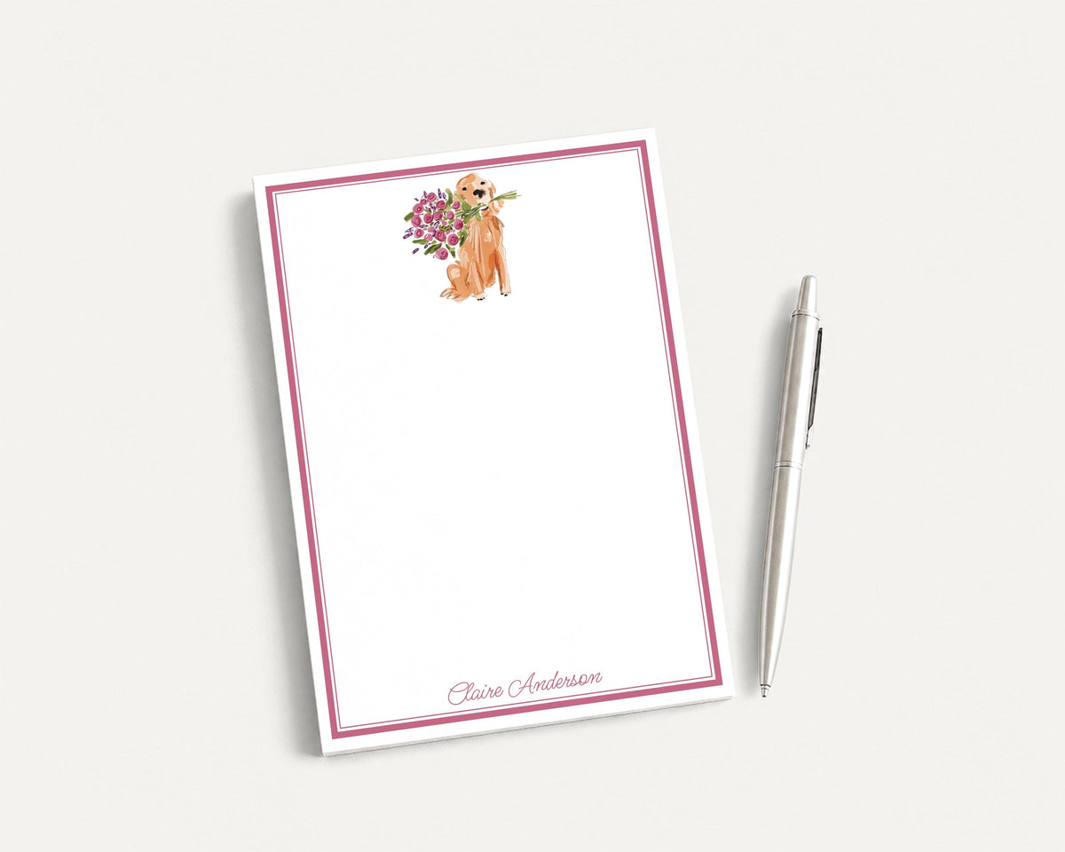 Personalized 5.5X5.5 or 5X7 Watercolor Floral Golden Retriever Notepad, Dog Flowers Note __etsy:8558055336