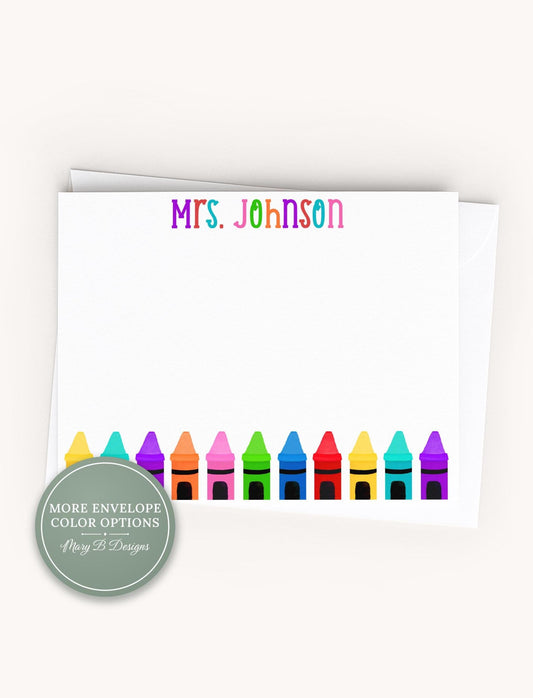 Personalized Teacher Flat Note Card, Colorful Crayons Notecard Set, Back to school stationery __etsy:8572260794