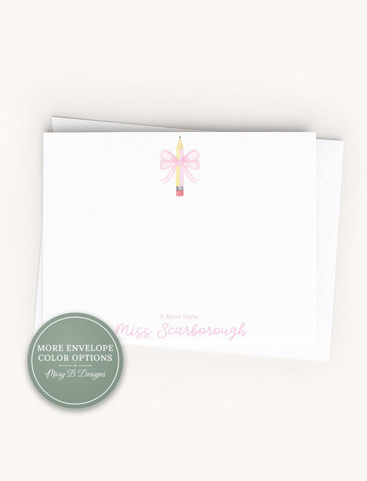 Personalized Teacher Flat Note Card, Woman Pencil Bow Notecard Set, Back to school stationery __etsy:8572263102