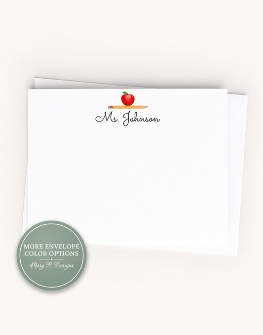 Personalized Teacher Flat Note Card, Woman Apple Pencil Notecard Set, Back to school stationery __etsy:8572265242