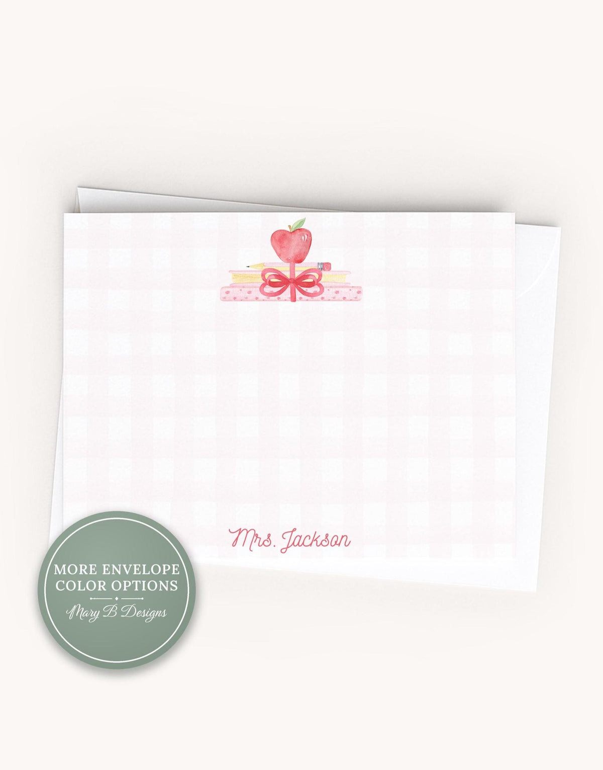 Personalized Teacher Bow Apple Stationery, Back to school Flat Notecard Set, Pink Book stack __etsy:8572275870