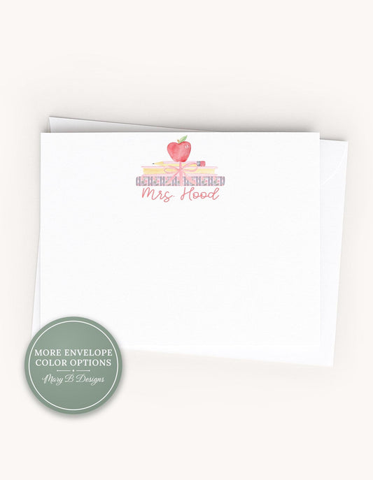 Personalized Teacher Apple Stationery, Back to school Flat Notecard Set, Book Stack With Bow __etsy:8572280344
