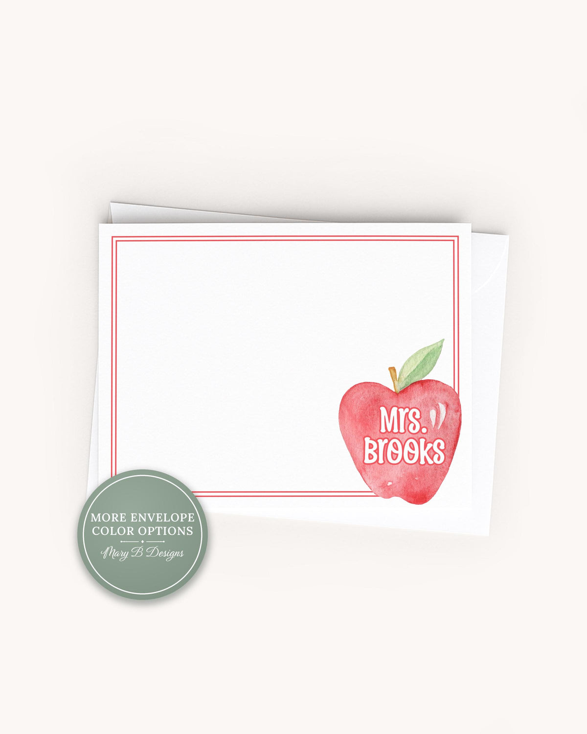 Personalized Apple Flat Note Card, Woman Teacher Notecard Set, Back to school stationery __etsy:8572388390