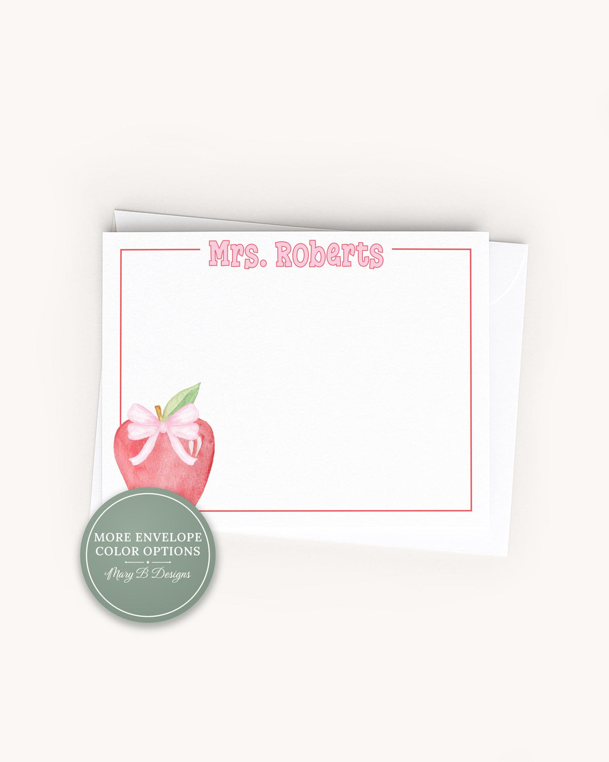 Personalized Apple Pink Bow  Flat Note Card, Woman Teacher Notecard Set, Back to school stationery __etsy:8572402142