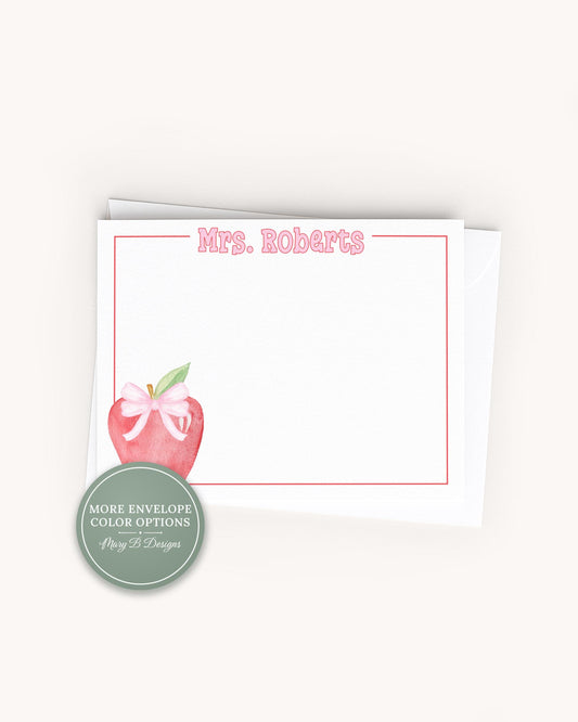 Personalized Apple Pink Bow  Flat Note Card, Woman Teacher Notecard Set, Back to school stationery __etsy:8572402142