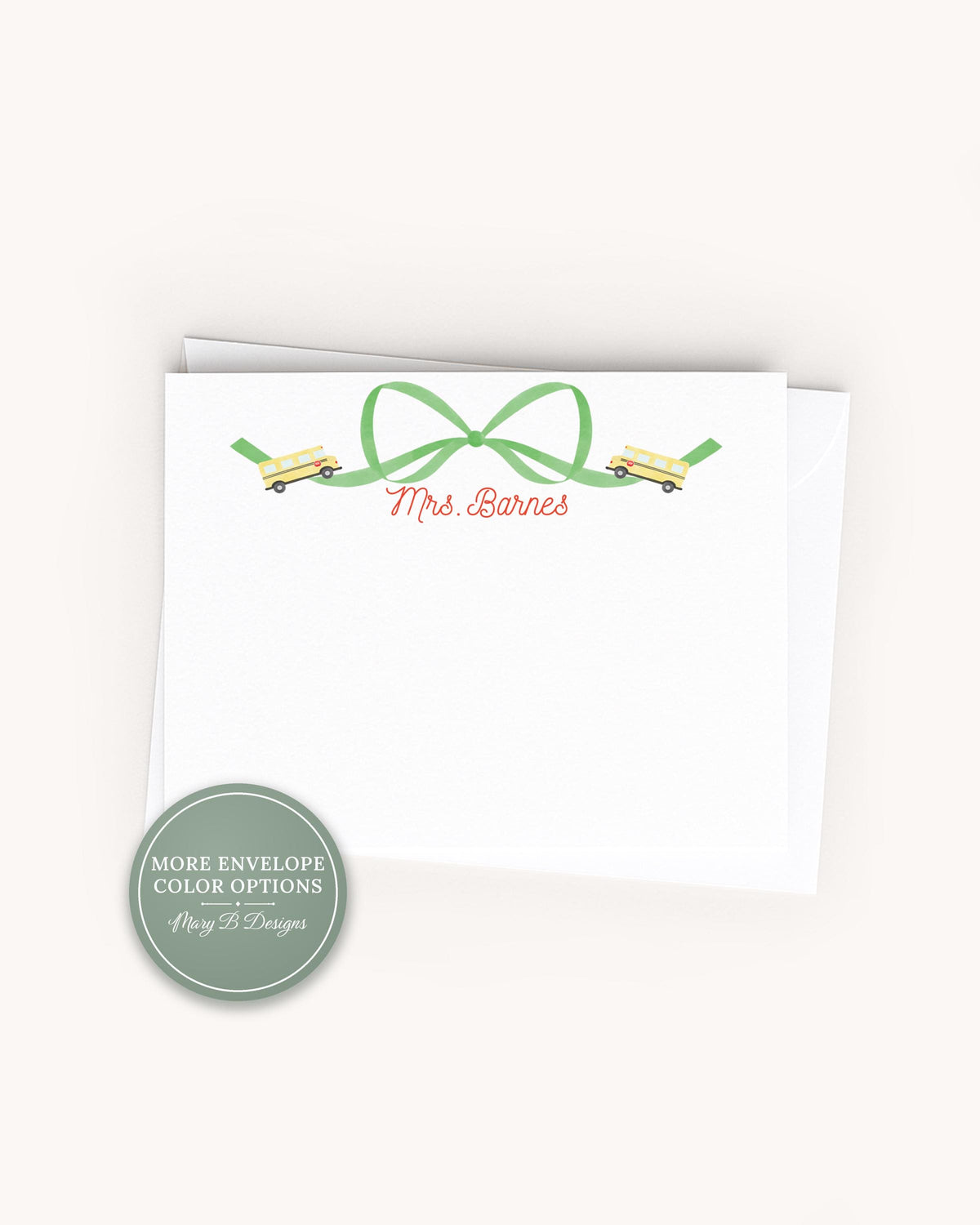 Personalized School Bus Bow Flat Note Card, Woman Teacher Notecard Set, Back to school Notes __etsy:8572411506