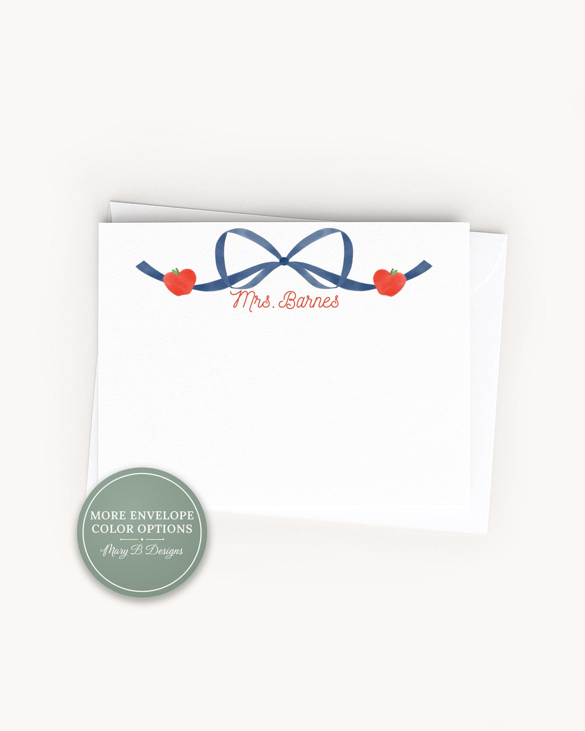 Personalized Apple Blue Bow Flat Note Card, Woman Teacher Notecard Set, Back to school stationery __etsy:8572430738