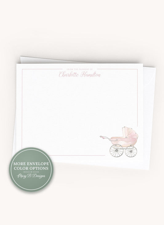 Personalized A2 Size Watercolor Baby Carriage Stationery, Pink Newborn Girl Flat Notecard Set __etsy:8585887735