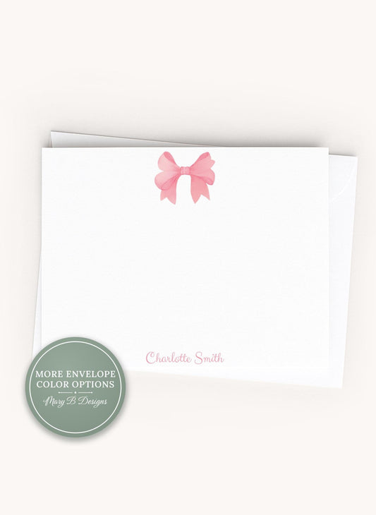 Personalized A2 Size Watercolor Pink Bow Flat Notecard Set, Baby Newborn Girl Stationery __etsy:8586079811