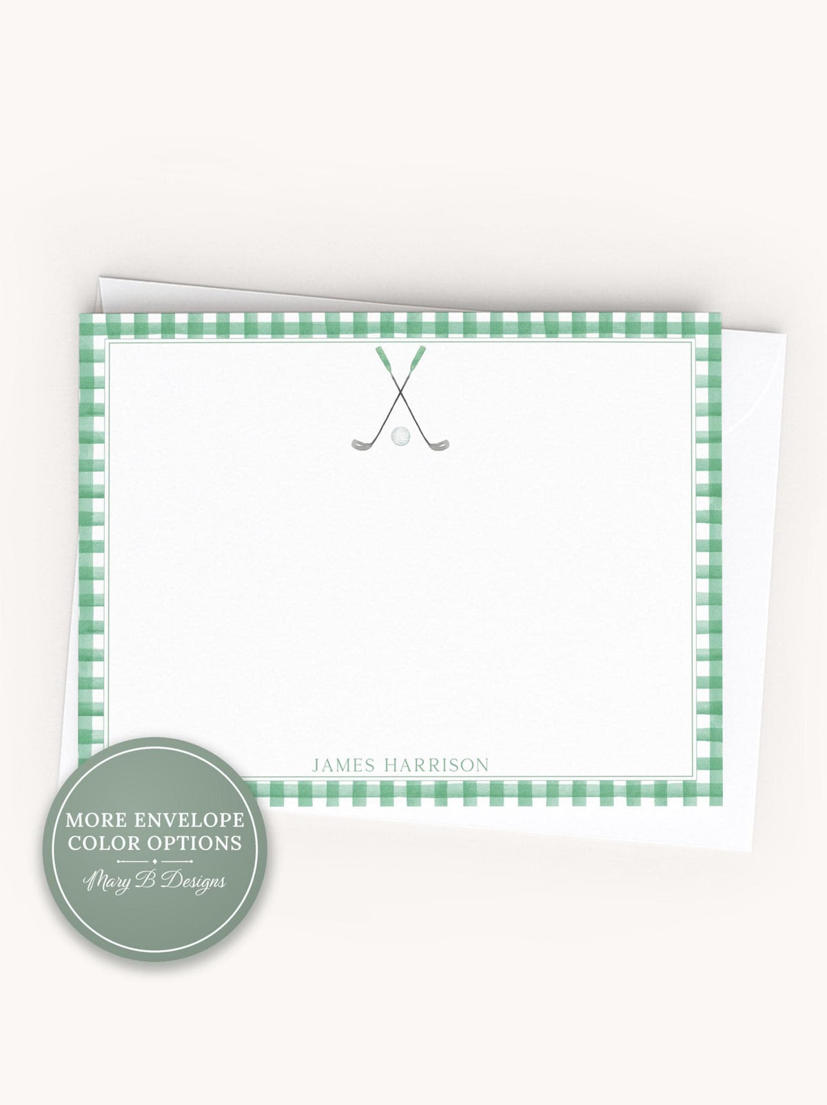 Personalized A2 Size Watercolor Green Gingham Golf Stationery, Boy Sports Flat Notecard Set __etsy:8586082895