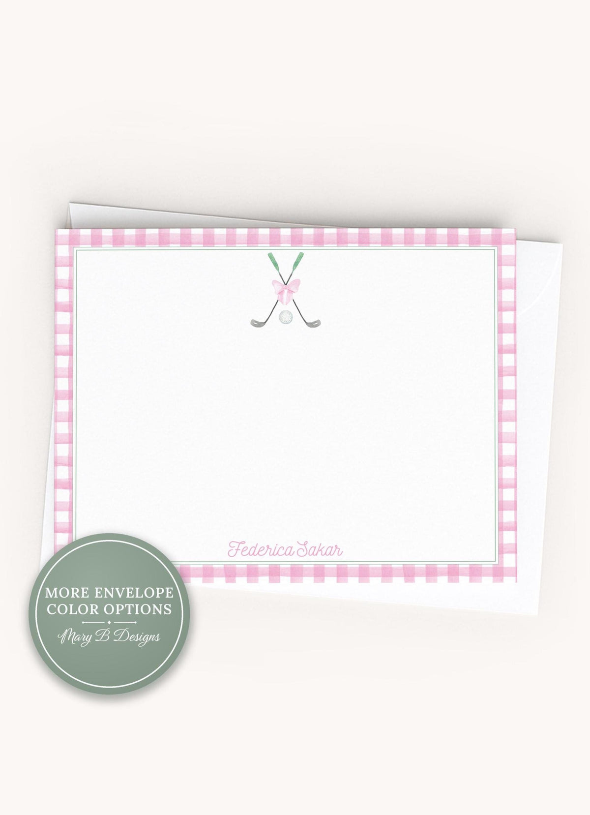 Personalized A2 Size Watercolor Girl Golf Stationery, Pink Gingham Sports Women Flat Notecard Set __etsy:8586085091