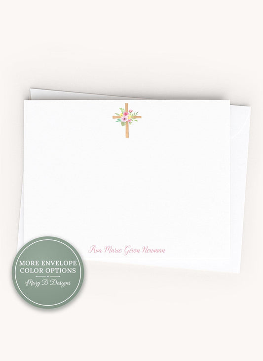 Personalized A2 Size Watercolor Pink Floral Cross Stationery, Women Girl Colorful Flowers Flat Notecard Set __etsy:8586597561
