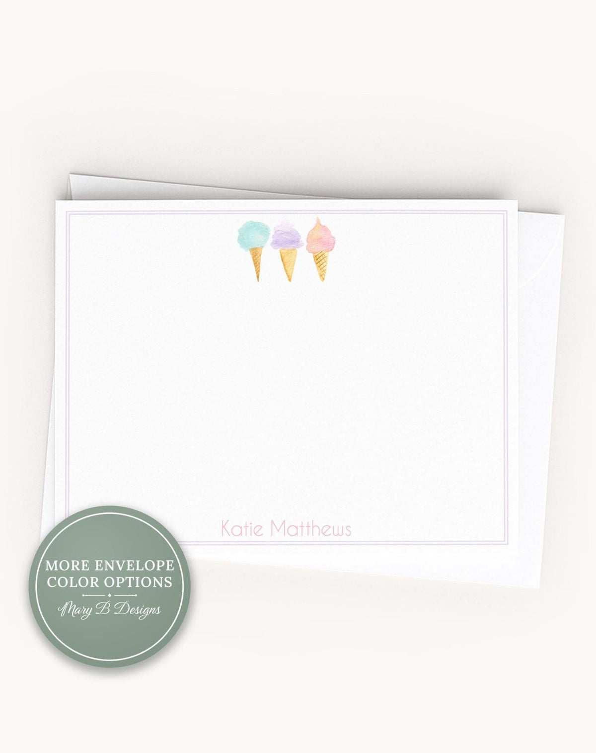 Personalized A2 Size Watercolor Ice Cream Cone Child Stationery, Colorful Kid Flat Notecard Set __etsy:8586628489