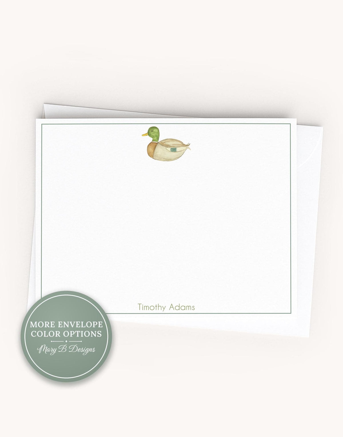 Personalized A2 Size Watercolor Duck Stationery, Green Baby Boy Mallard Flat Notecard Set __etsy:8586637063