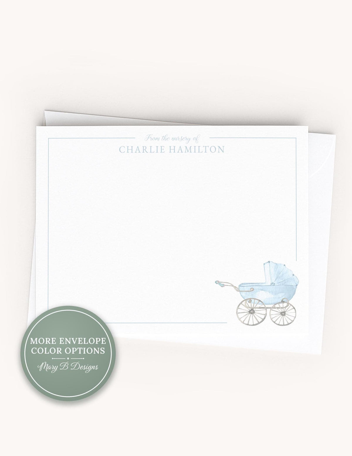 Personalized A2 Size Watercolor Blue Baby Carriage Stationery, Newborn Boy Flat Notecard Set __etsy:8586642547