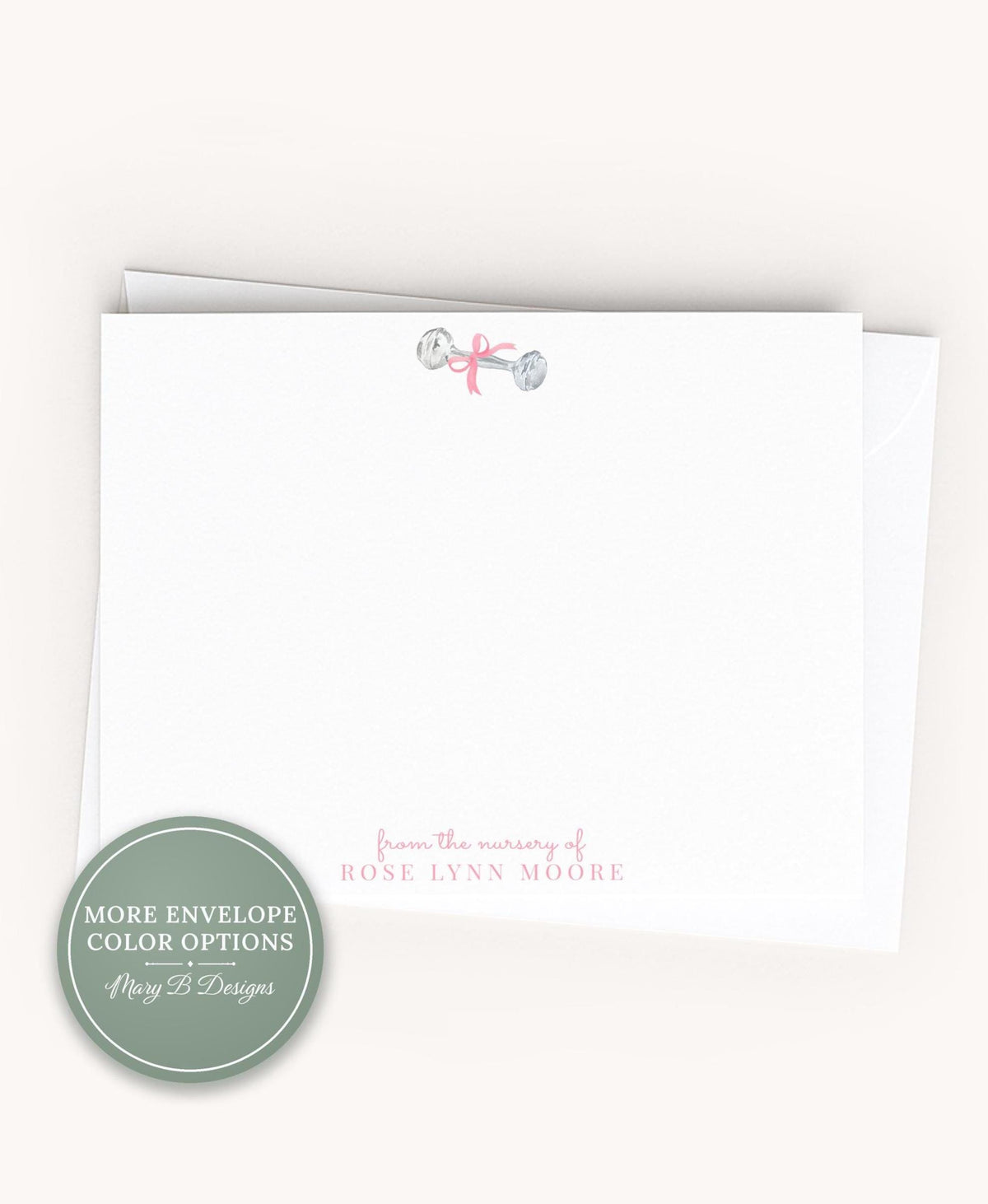 Personalized A2 Size Watercolor Baby Rattle Stationery, Pink Bow Newborn Girl Flat Notecard Set __etsy:8586645415