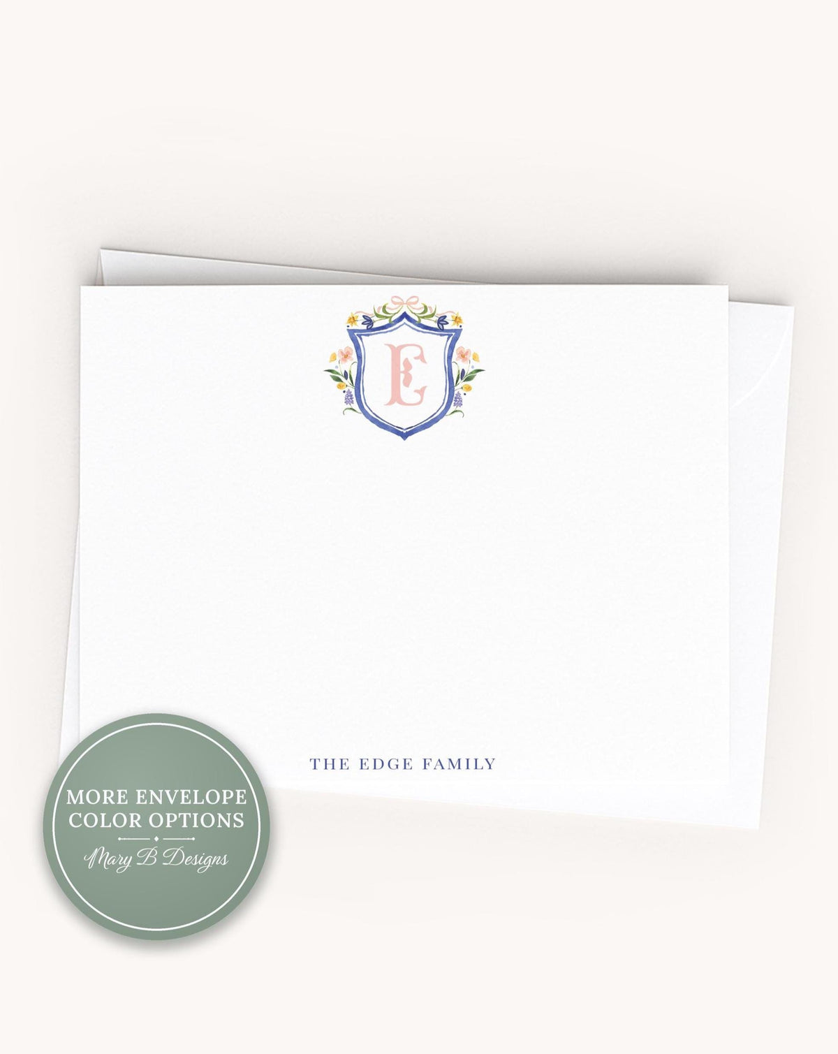Personalized A2 Size Monogram Blue Pink Crest Stationery, Family Women Flat Notecard Set __etsy:8586652437