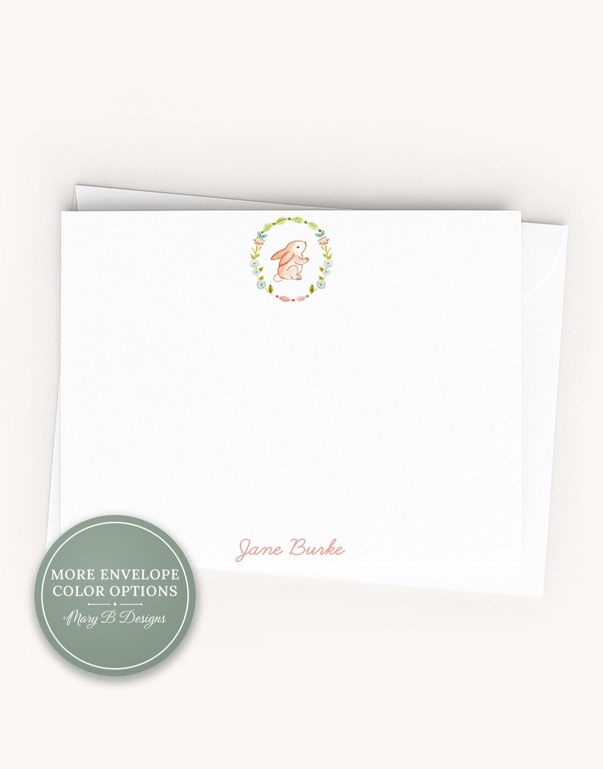 Personalized A2 Size Bunny Wreath Flat Notecard Set, Pink Rabbit Girl Stationery __etsy:8586669397