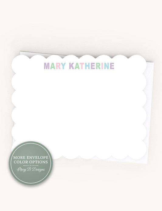 Personalized A2 Size Colorful Letters Scalloped Stationery, Multicolor Women Girl Flat Notecard Set __etsy:8586810265