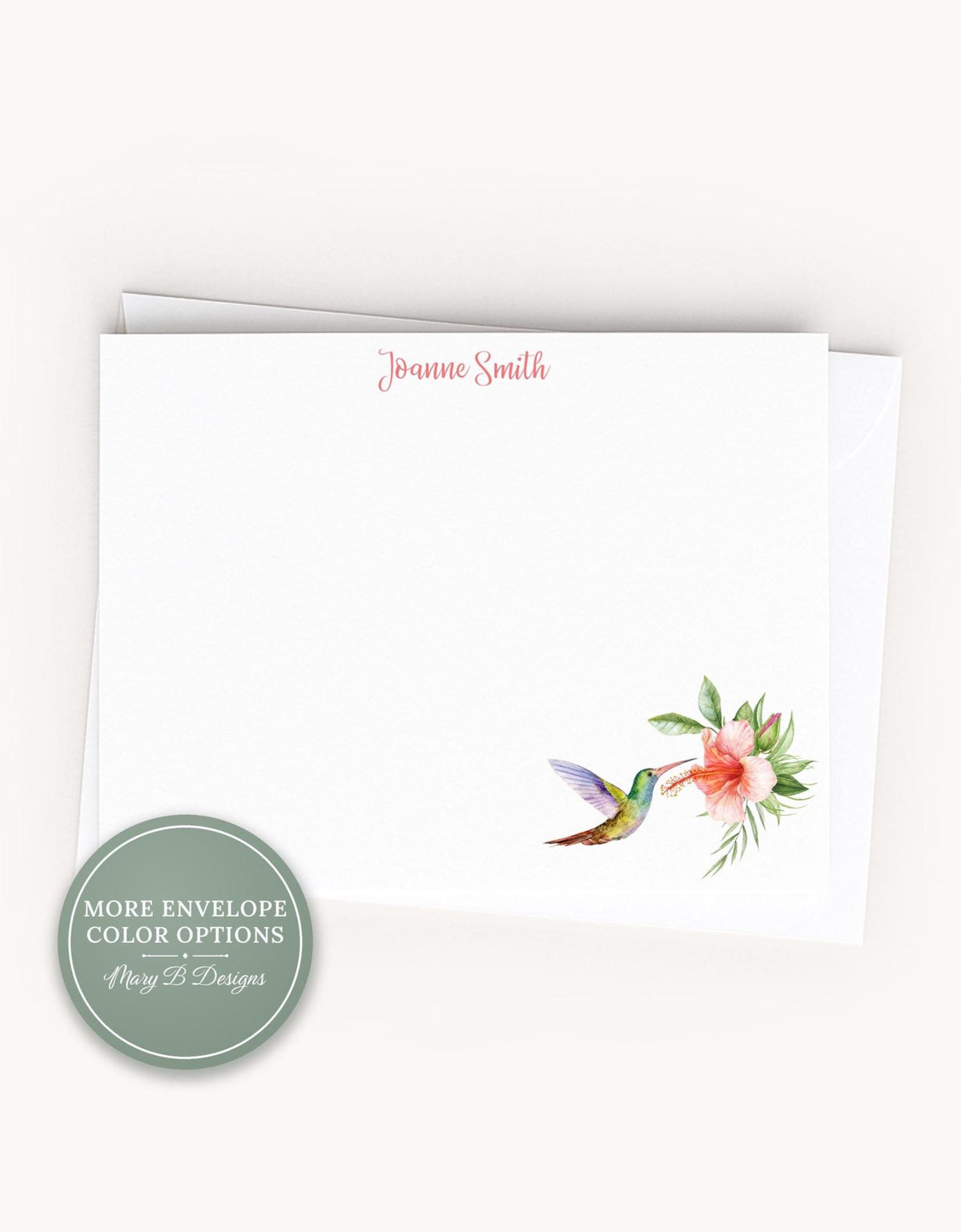 Personalized A2 Size Watercolor Hummingbird Flat Notecard Set, Floral Women Girl Stationery __etsy:8587680269